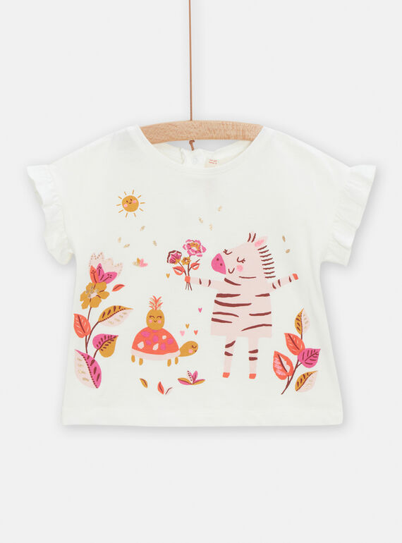 Ecru t-shirt with floral and animal print for baby girls TILITI / 24SG09T1TMC001