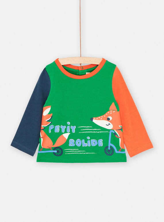 Baby boy green T-shirt with two-tone sleeves SUKHOTEE2 / 23WG10Q2TMLG629