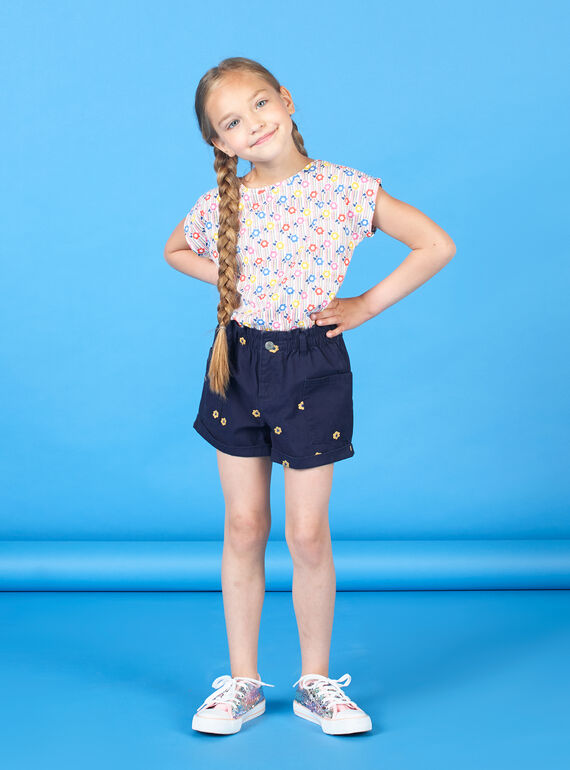 Navy blue shorts with floral print child girl LAHASHORT / 21S901X1SHO070