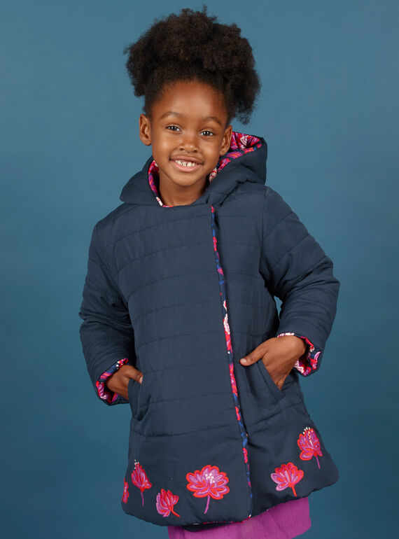 Girl's pink and navy blue reversible hooded parka MAPAPARKA / 21W90151PAR070