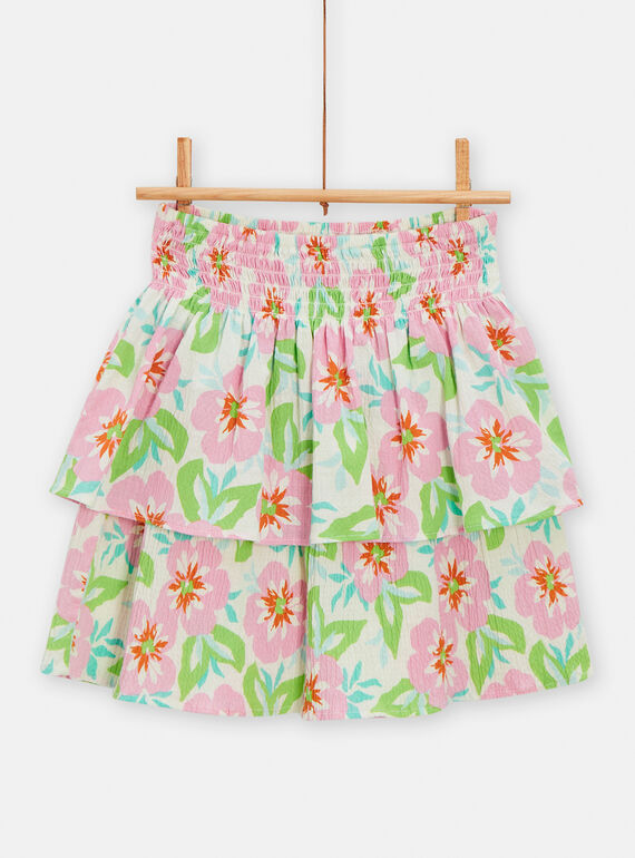 Green, pink and ecru short ruffled skirt with floral print for girls TARYJUP / 24S901U1JUP001