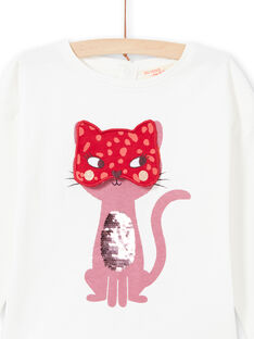Girl's ecru long-sleeved t-shirt with masked cat animation MAFUNTEE2 / 21W901M2TML001