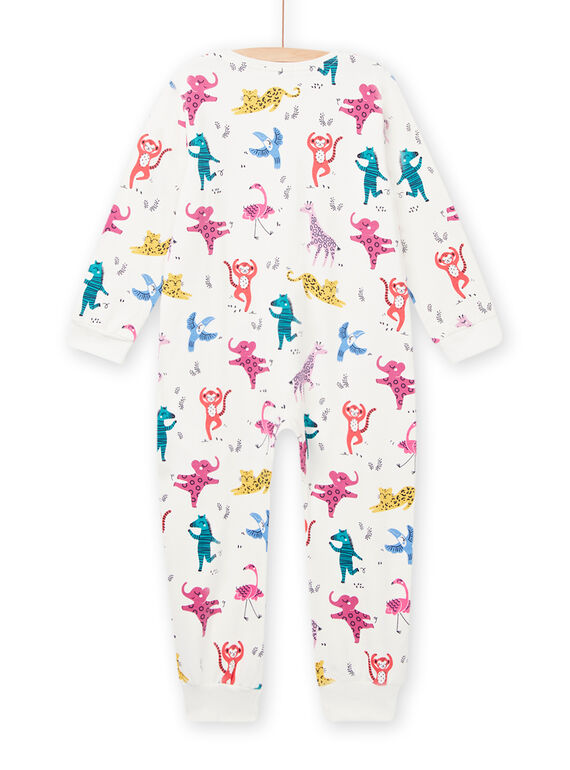 Ecru fleece jumpsuit with multicolored animal print child girl MEFACOMBAOP / 21WH1191D4F001