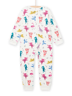 Ecru fleece jumpsuit with multicolored animal print child girl MEFACOMBAOP / 21WH1191D4F001