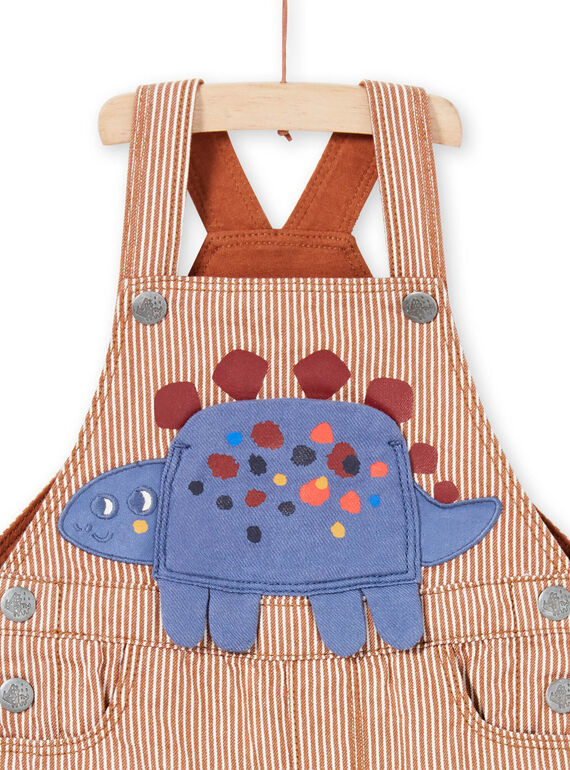 Baby boy's brown and ecru striped twill overalls with dinosaur animation MUPASAL / 21WG10H1SALI811
