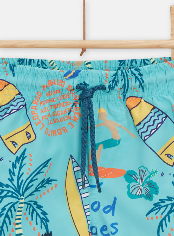Boy's turquoise palm tree and surf print swim shorts TYOMERBOXSURF / 24SI02G4MAI202