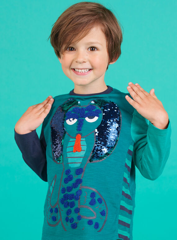 Turquoise blue T-shirt child boy with reversible sequins MOTUTEE1 / 21W902K5TML714