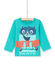 Turquoise long sleeve t-shirt with skater cat design for baby boy MUTUTEE1 / 21WG10K2TMLC217