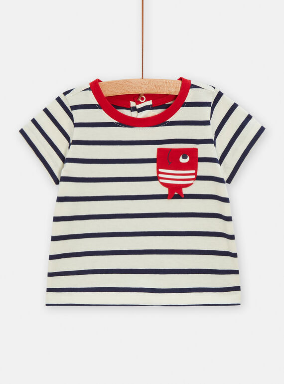 Ecru striped t-shirt with fish animation for baby boys TUJOTI1 / 24SG10D1TMC001