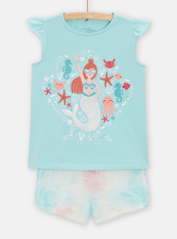 Blue and pink pyjamas with mermaid and sea animal motifs for girls TEFAPYJDYE / 24SH1153PYJ210