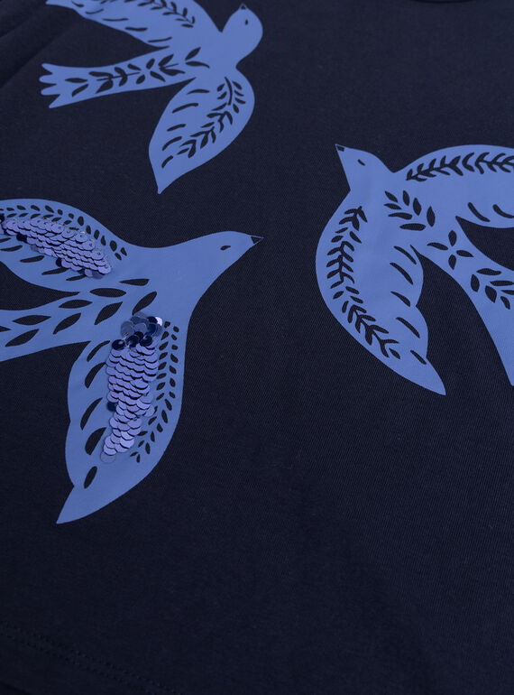 Navy bird print T-shirt for girls  VAJOYTEE1 / 24W901G3TML070