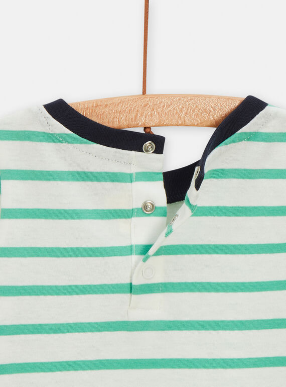 Ecru and green striped t-shirt with dinosaur animation for baby boys TUJOTI3 / 24SG10D3TMC003