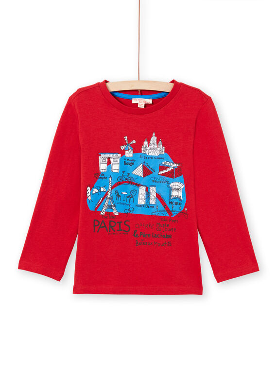 Boy's red long sleeve t-shirt with map of Paris design MOJOTEE3 / 21W9022ATML505