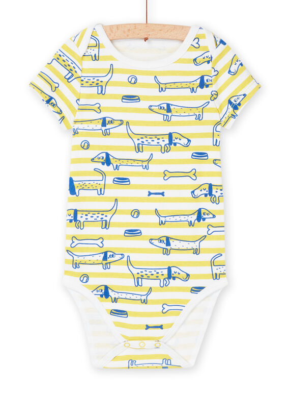 White and yellow bodysuit in organic cotton with stripes and dogs print REGABODCHI / 23SH141ABDL000