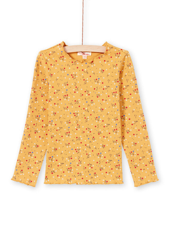 Girl's yellow ribbed t-shirt with flower print MAJOUTEE3 / 21W9012DTMLB106