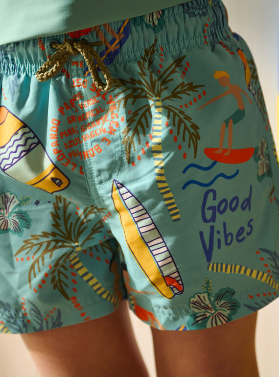 Boy's turquoise palm tree and surf print swim shorts TYOMERBOXSURF / 24SI02G4MAI202