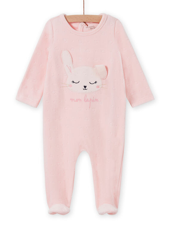 Pink velvet romper with rabbit pattern for baby girls MEFIGRELAP / 21WH1386GRED310