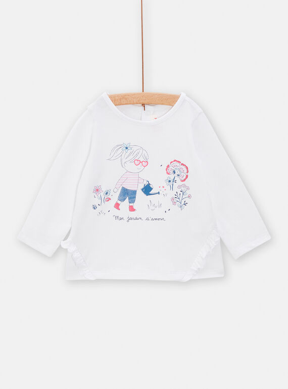 Baby girl's white T-shirt with girl-in-the-garden motif TIDETEE2 / 24SG09J1TML000