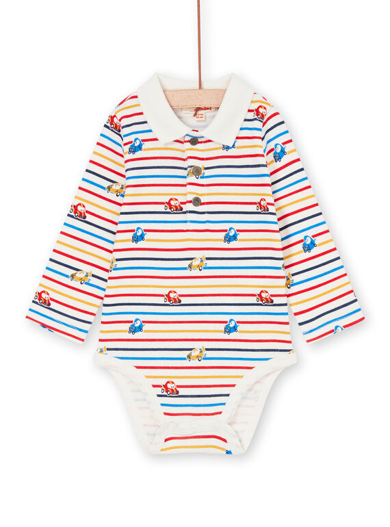 Off white and yellow striped and printed baby boy's car bodysuit LUHABOD2 / 21SG10X1BOD001