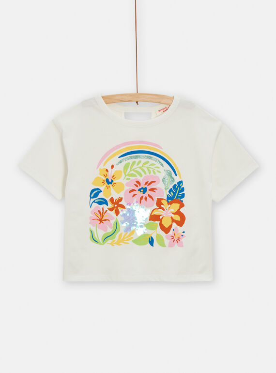 Ecru t-shirt with magic sequin flower animation for girls TARYTI1 / 24S901U2TMC001