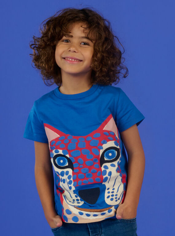Blue T-shirt with leopard head motif RONAUTI2 / 23S902N2TMCC238