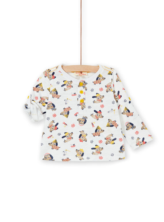 ecru T-shirt with dogs print and fancy cotton baby boy LUNOTUN / 21SG10L3TML001