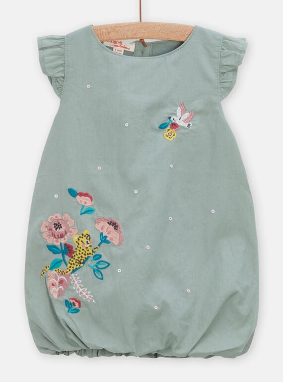 Baby girl sage green dress with embroidered leopard and flower motifs TICRIROB3 / 24SG09L1ROBG610