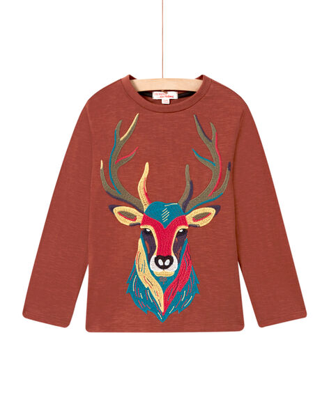Brown t-shirt with embroidered deer motif child boy MOSAUTEE4 / 21W902P1TML809