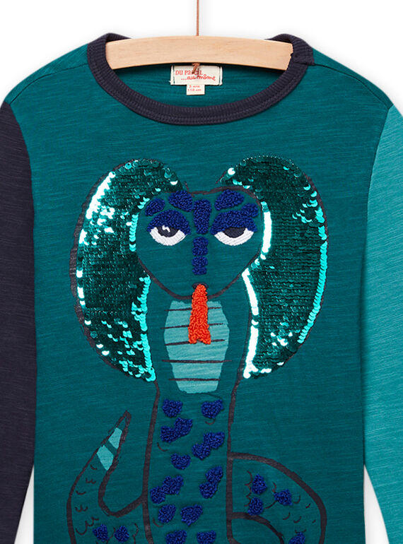 Turquoise blue T-shirt child boy with reversible sequins MOTUTEE1 / 21W902K5TML714