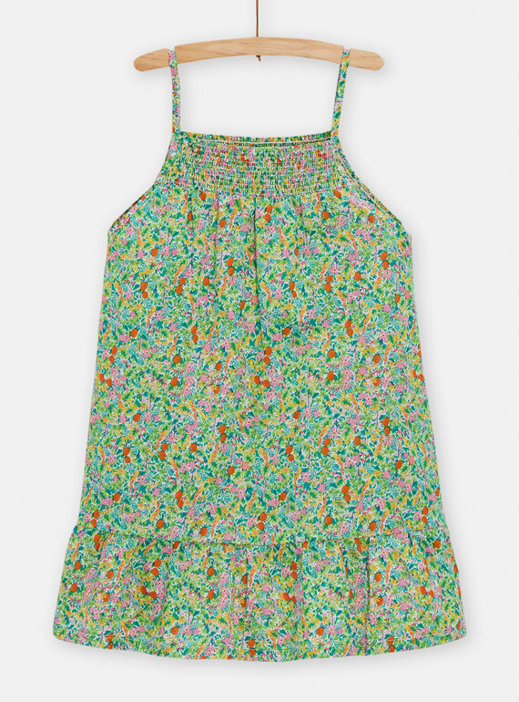 Girl's green dress with straps and tropical print TAJOROB4 / 24S901C3ROB001
