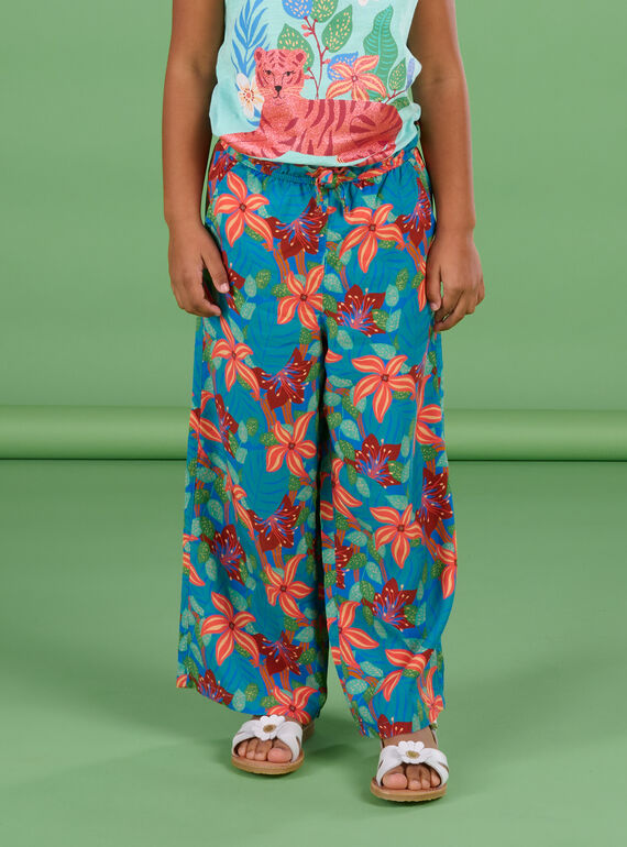 Dark turquoise fludie pants with flower print RABALPANT / 23S901W1PANC217