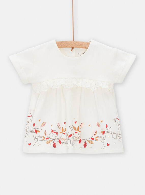 Off-white dress with sparrows, branches and roofs for baby girl TOU1ROB / 24SF03H1ROBA001