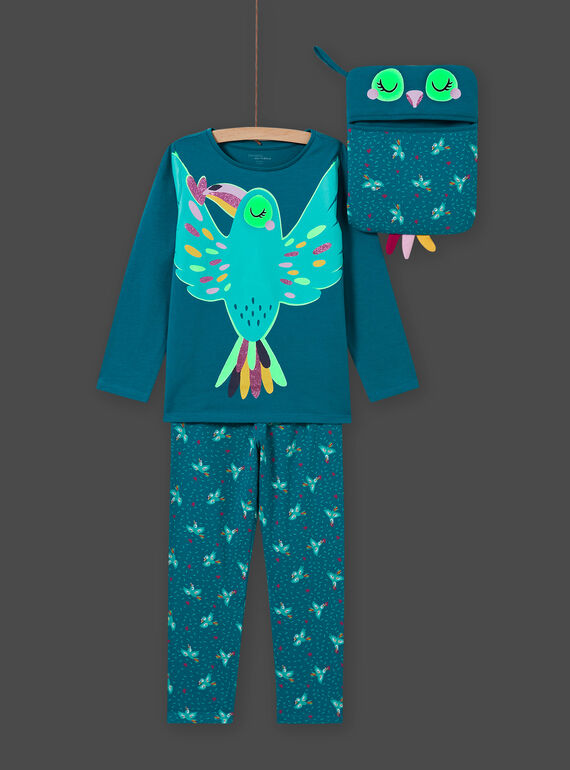 Girl's phosphorescent bird turquoise pajama set MEFAPYJTOU / 21WH1172PYGC217