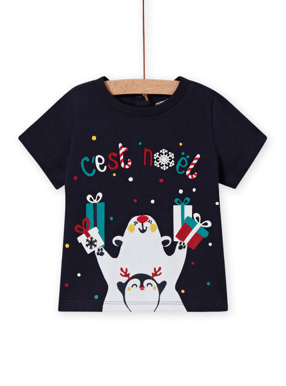 Boy's navy blue T-shirt with Christmas print MUNOTEEX / 21WG10Q1TMC070