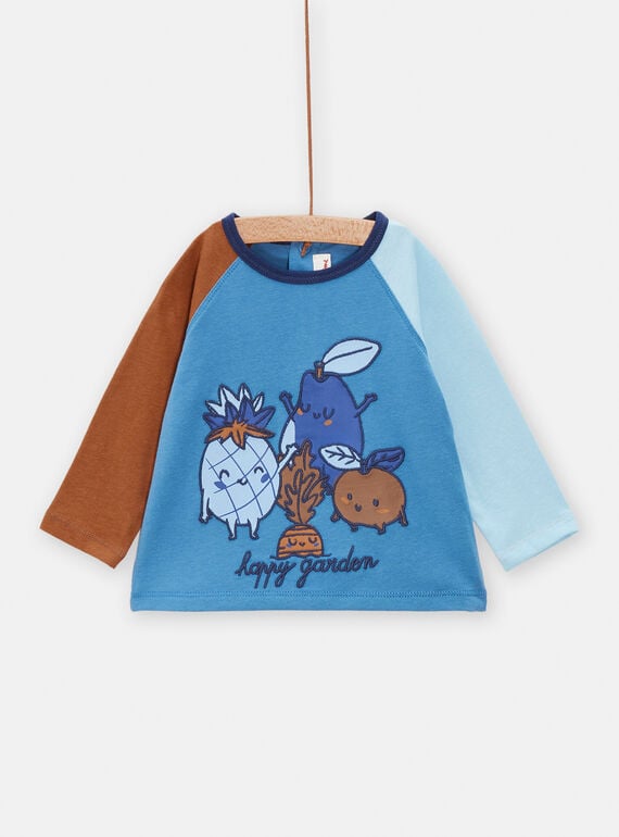 Baby boy blue T-shirt with contrasting sleeves TUDETEE1 / 24SG10J1TMLC221