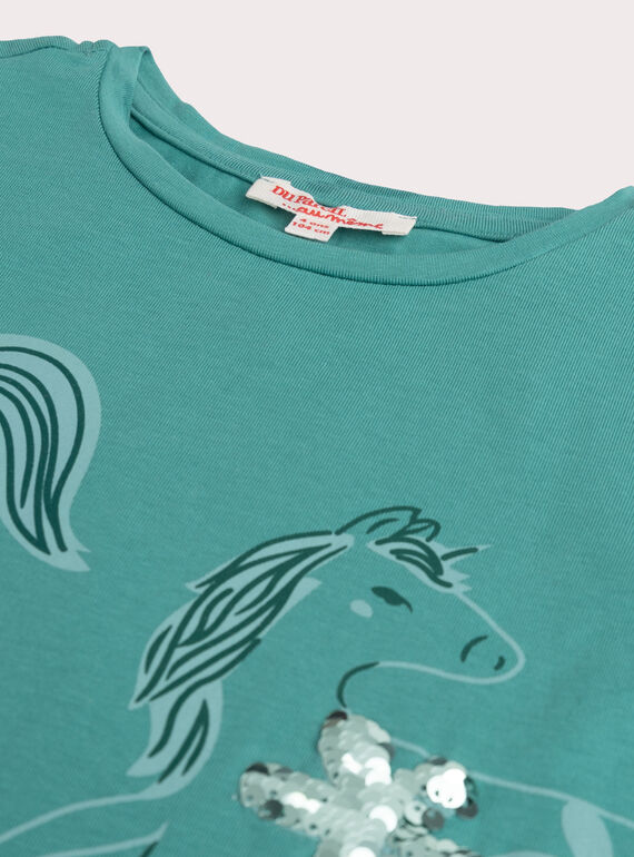  Turquoise horse print T-shirt for girls  VAJOYTEE5 / 24W901I1TML215