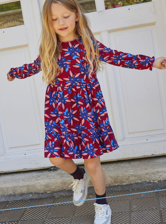 Girl's dress with carmine background and floral print SAFOROB1 / 23W901K2ROBF504