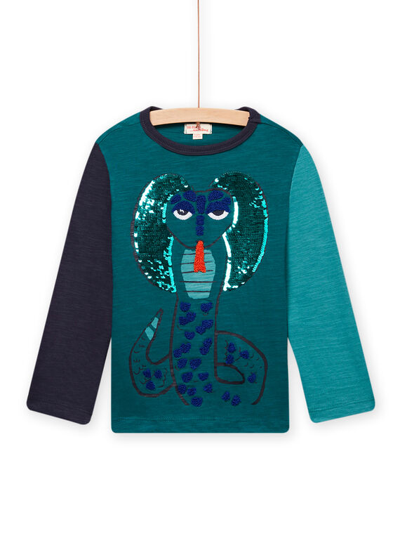 Turquoise blue T-shirt child boy with reversible sequins MOTUTEE1 / 21W902K5TML714