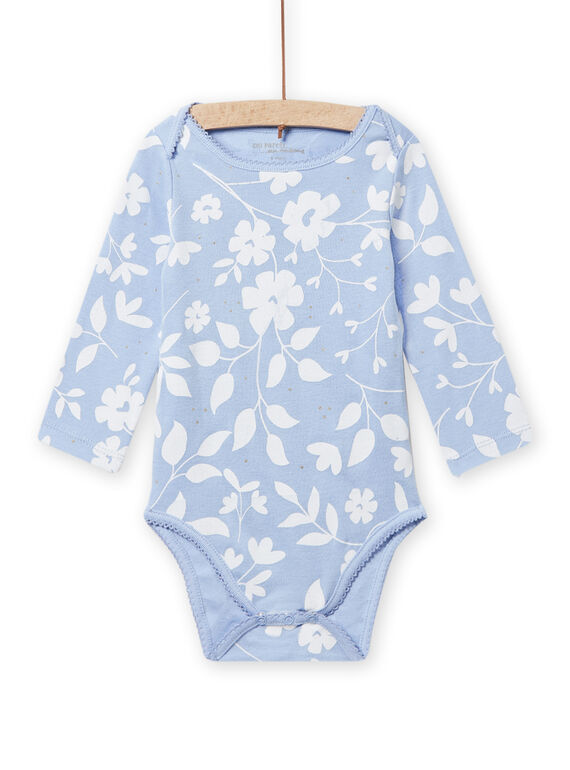 Baby girl blue and white bodysuit with floral print NEFIBODLIB / 22SH13I6BDLC218
