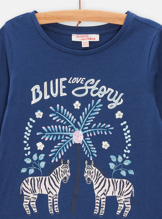 Girls' dark blue zebra, palm and flower T-shirt TADETEE1 / 24S901J3TMLC220
