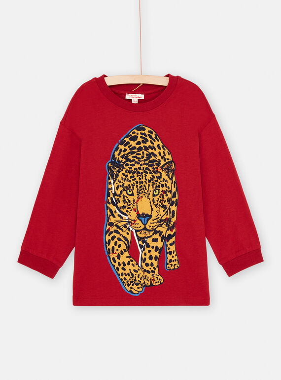 Boy's garnet t-shirt with panther motif SOFORTEE2 / 23W902K4TML511