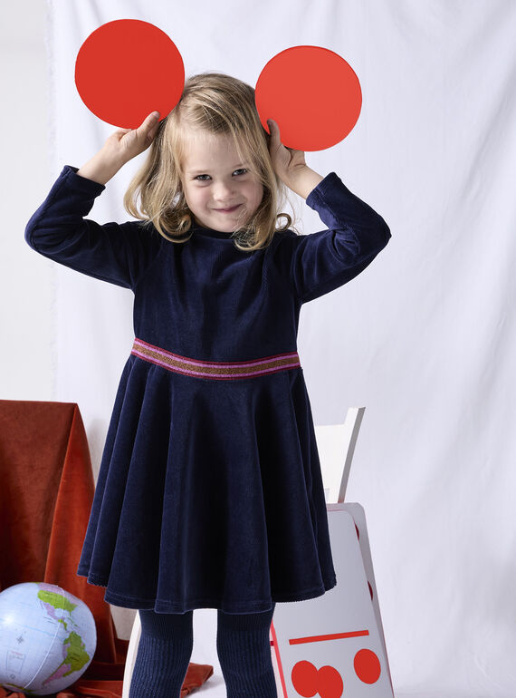 Navy dress in ribed velvet and lurex for girls VAROROB3 / 24W901P1ROB070