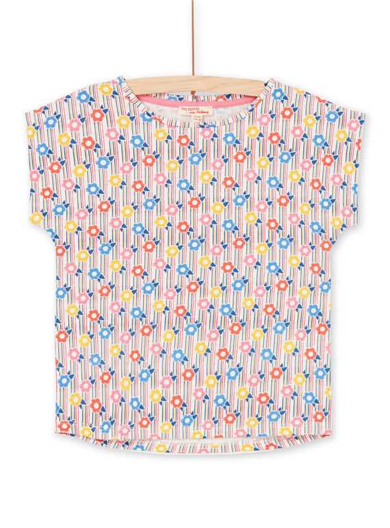 Pink and blue T-shirt with stripes and floral print child girl LAHATI2 / 21S901X2TMC001