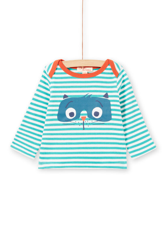 Baby Boy Long Sleeve Turquoise & White Stripe Raccoon T-Shirt MUJOTEE2 / 21WG1023TMLC217