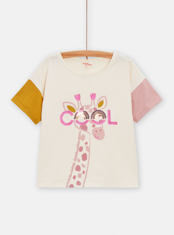 Girl's ecru animated giraffe T-shirt with glasses TACRITI1 / 24S901L3TMC003