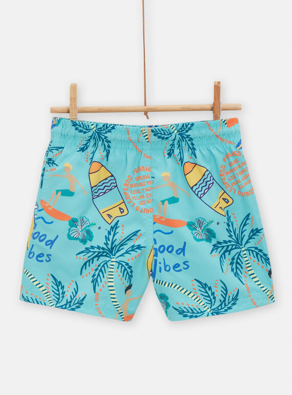 Boy's turquoise palm tree and surf print swim shorts TYOMERBOXSURF / 24SI02G4MAI202