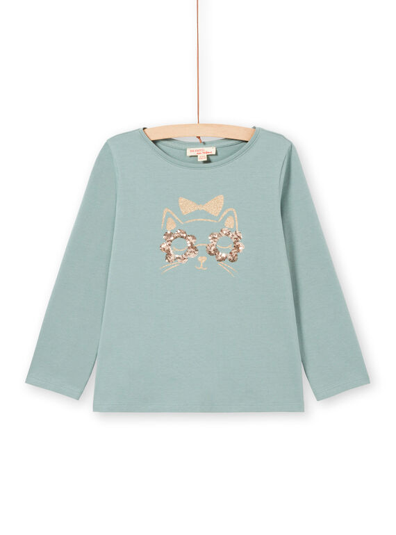 Girl's long sleeve t-shirt in turquoise with glittery cat design MAJOYTEE4 / 21W9012CTML612