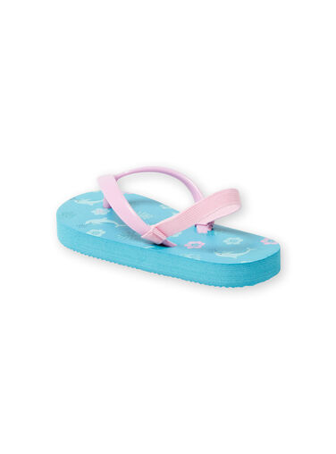 Girl's turquoise dolphin, flower and leaf print flip flops LFTONGMER / 21KK3564D01202