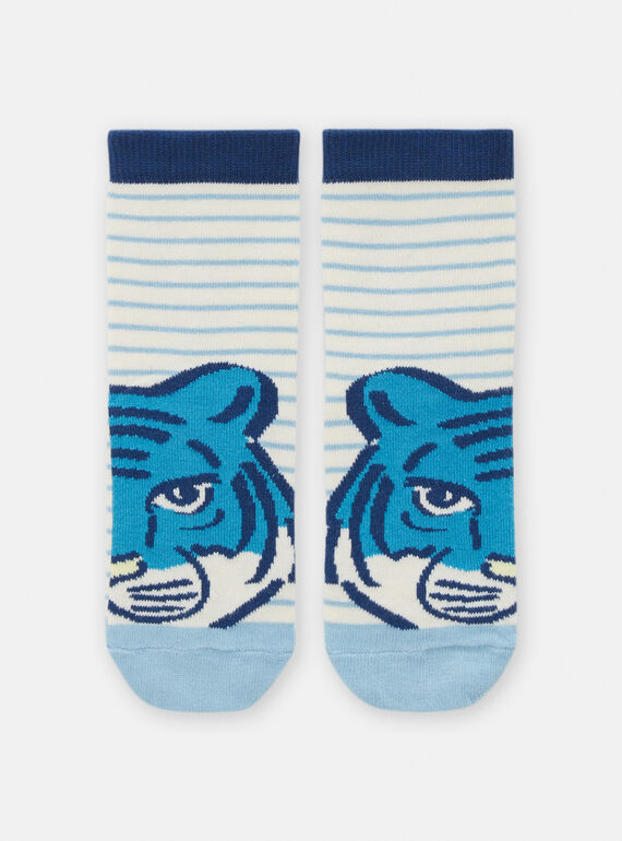 Cream and blue socks with tiger head design for boys TYOJOCHO2 / 24SI0289SOQA002