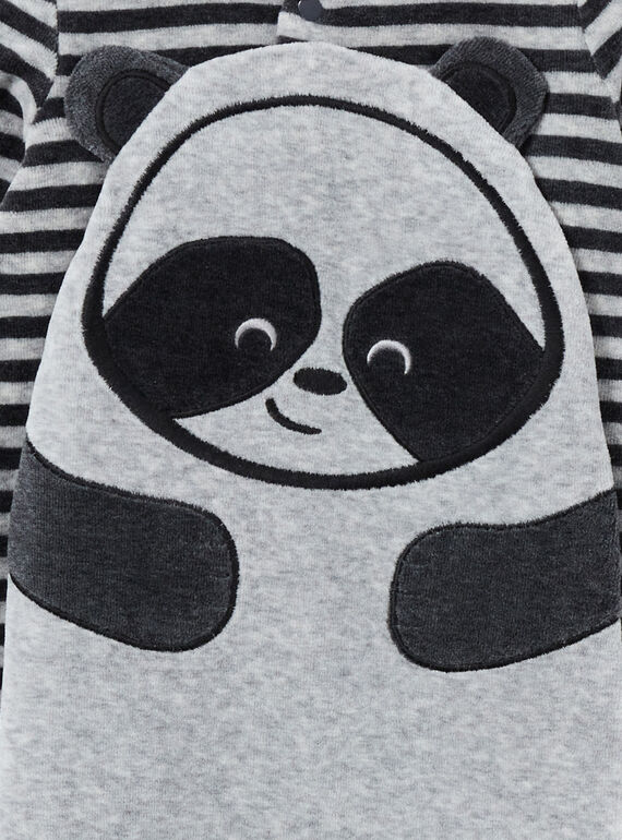 Boy's sleep suit in mottled striped velvet panda design LEGAGREPAN / 21SH1451GREJ922